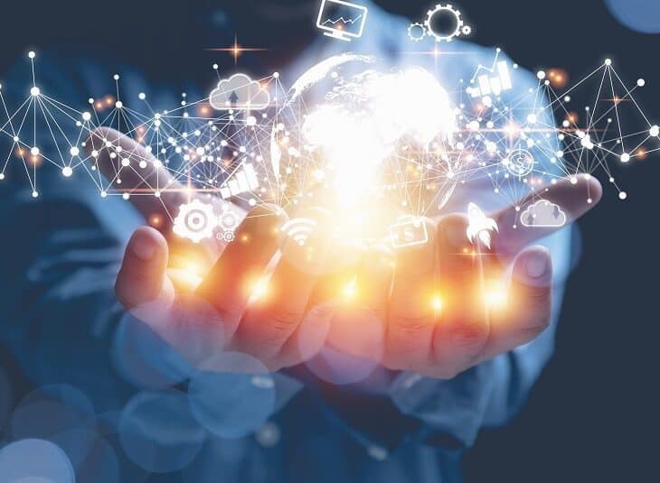 Businessman holding world internet digital, networks technology with business icons cloud computing online connecting to big data analytics. Concept internet network, digital technology to the future.
